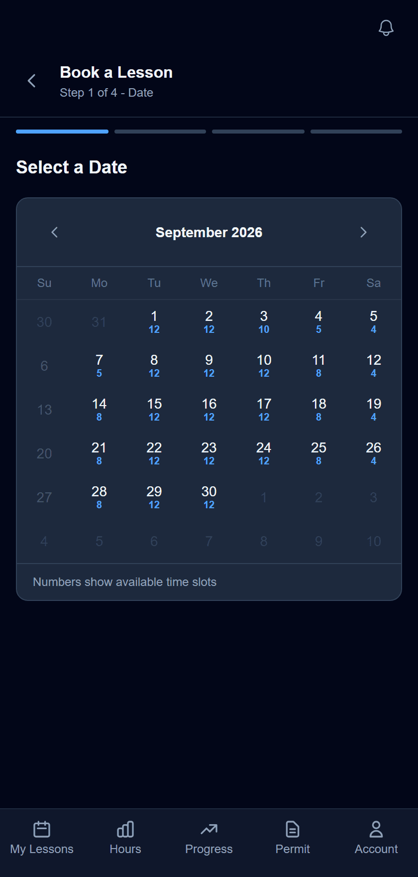WheelPlanner student booking screen with a calendar of available lesson dates.