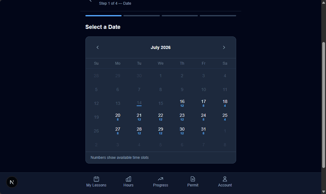 WheelPlanner student booking screen with a calendar of available lesson dates.