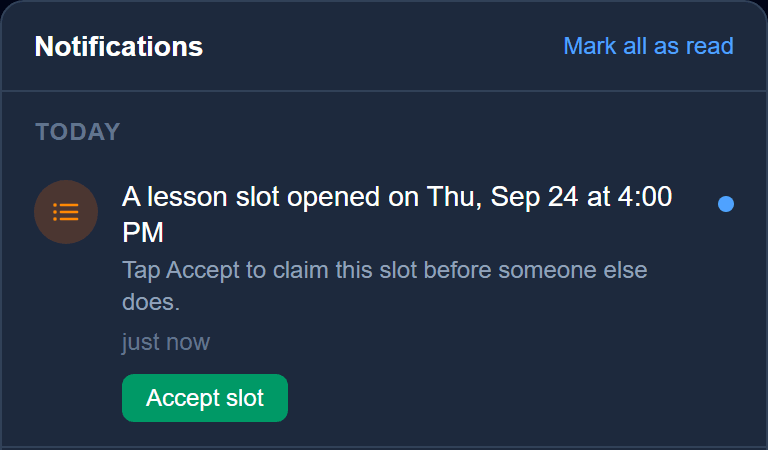 The next student's phone: A lesson slot opened on Thu, Sep 24 at 4:00 PM, with an Accept slot button.