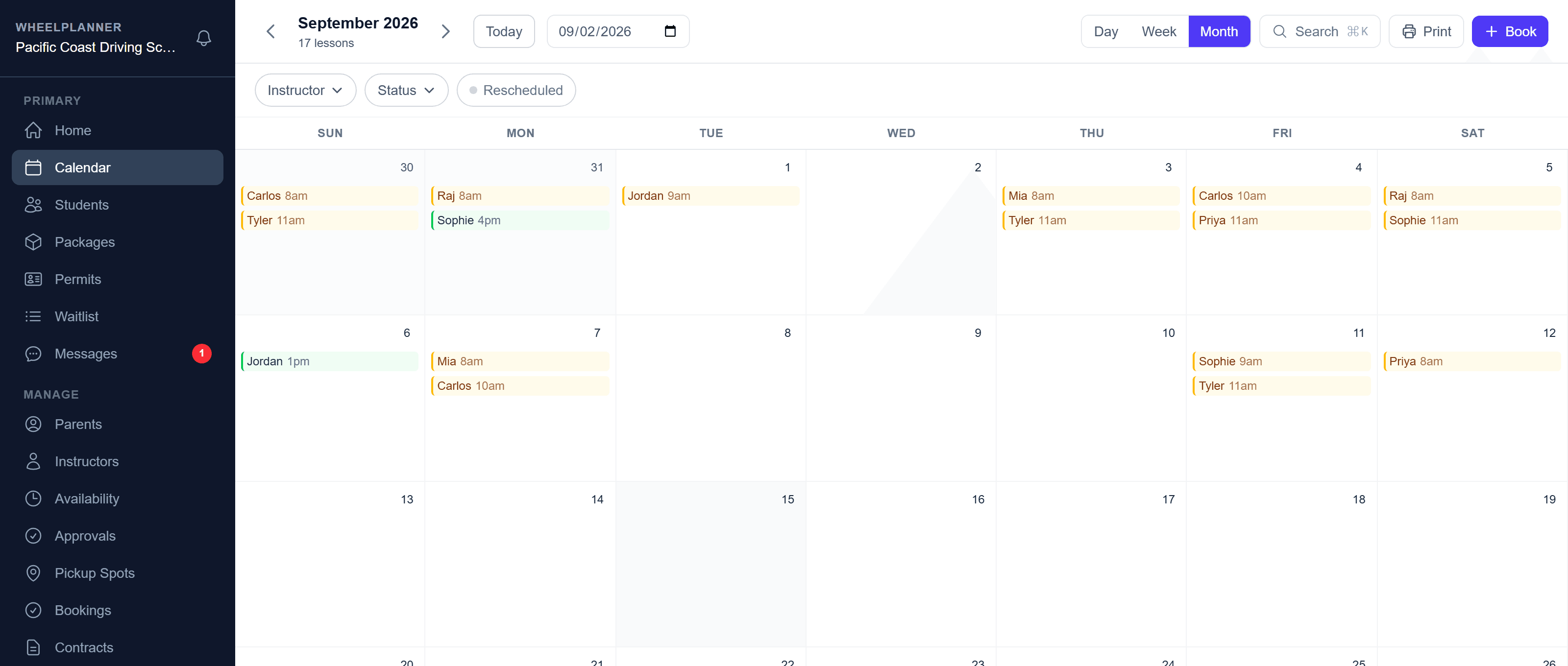 WheelPlanner month calendar showing a driving school's lessons across instructors.