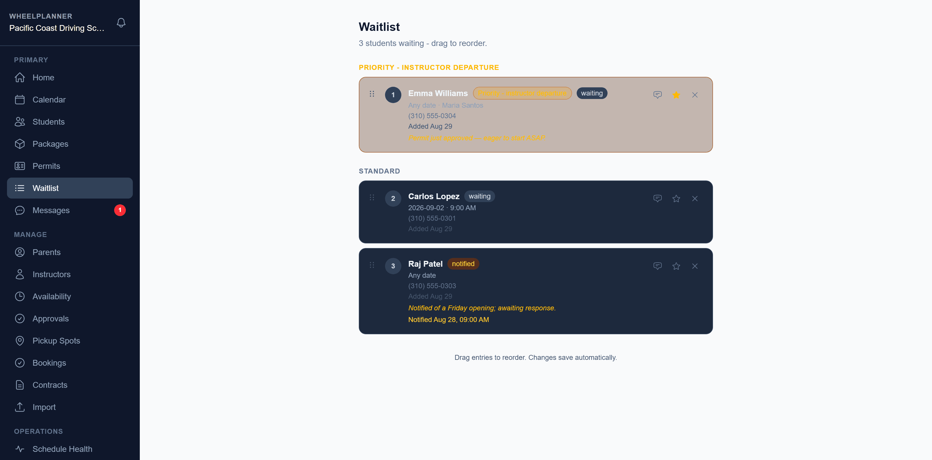 WheelPlanner waitlist showing students waiting for a cancelled lesson slot, in priority order.