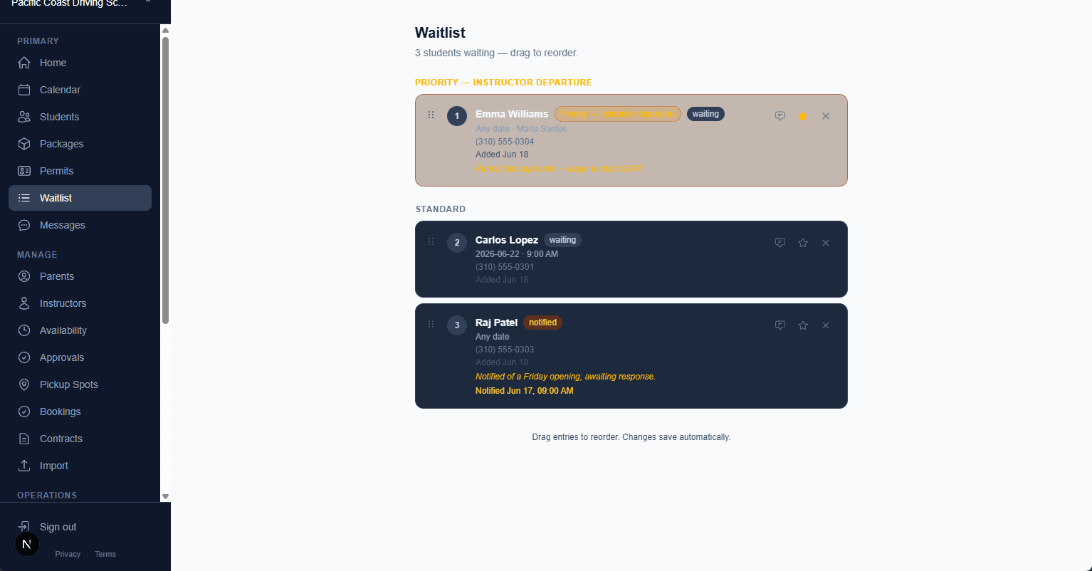 WheelPlanner waitlist showing students waiting for a cancelled lesson slot, in priority order.